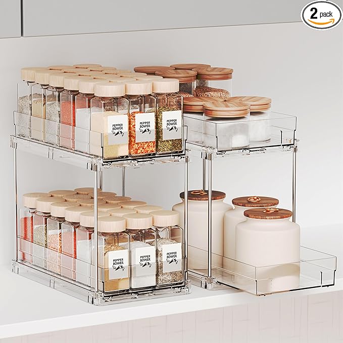 Yieach 2 Pack 2 Tier Vertical Spice Rack Pull Out,10.4'' Deep Narrow Slide Out Spice Rack Organizer for Inside Cabinets,Kitchen,Pantry,Cupboard Seasoning,Can,Jar Organizer and Medicine Cabinet Storage