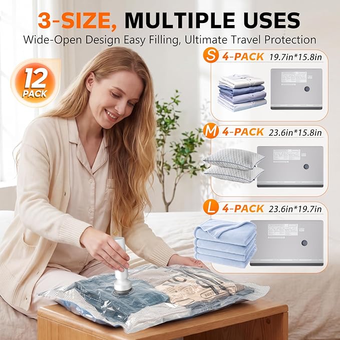 12 Pack Vacuum Storage Bags with Pump, Space Saver Travel Bags with Rechargeable Wireless Pump, Reusable Tear-Proof Compression Packing Cubes for Heavy Clothes/Bedding/Luggage/Moving 12 Combo Size