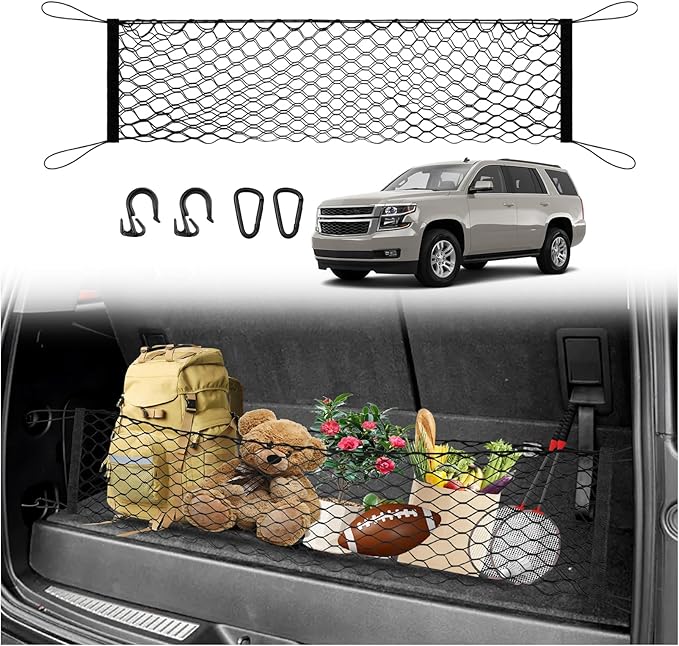 Karltys Cargo Net for Chevy Tahoe 2015-2020 Trunk Net | Envelope Style Elastic Mesh Net | Heavy Duty Metal Hooks | Chevrolet Tahoe Accessories