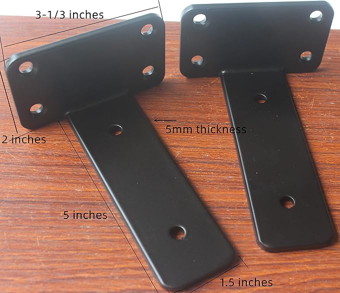 4 Pack - 5 inch Black Hidden L Shelf Bracket (1/5 Inch Thicked) Iron Floating Shelf Brackets Rustic Industrial Metal Brackets for Shelf Support