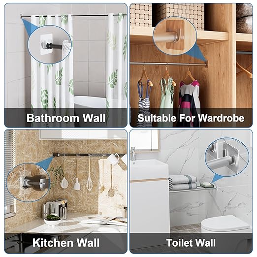 12 Pack Shower Rod Holder with Strong Adhesive, Shower Curtain Rod Holder No Drilling, Shower Bar Holder,Tension Curtain Rod Bracket Large