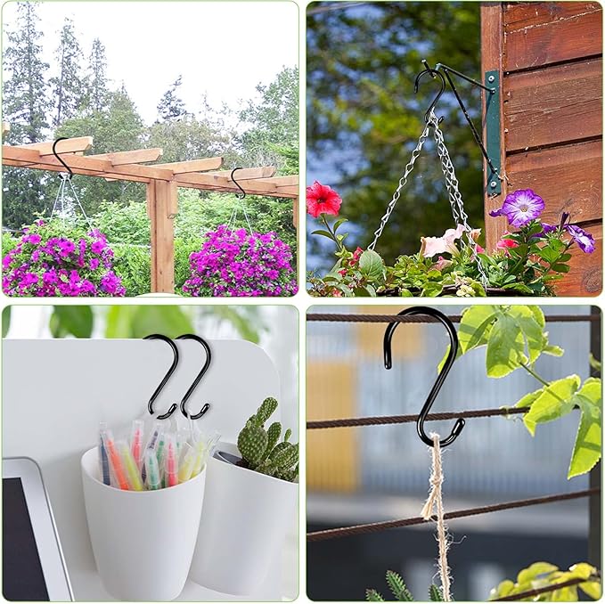 DINGEE 24 Pack Heavy Duty S Hooks, Non Slip Rubber Coated, 7mm Thick Metal Black S Hooks for Hanging Plants, Closet, Bird Feeders, Kitchen, Large Objects, Tools, Bikes