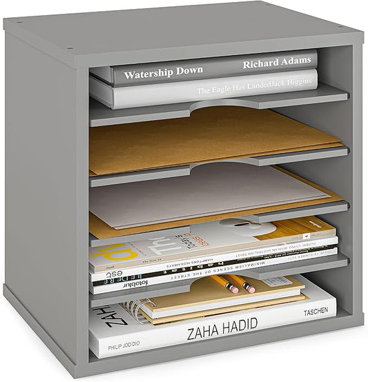 Ballucci 5-Tier File Organizer for Desk, Wooden Mail Sorter, Office Desk Organization, Paper Storage Organizers, Folder holder for desk, Letter Trays & Stacking Supports, Gray
