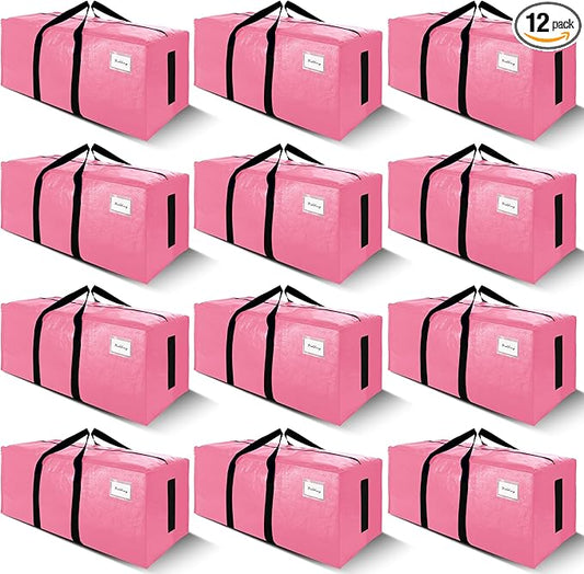 SWEET DOLPHIN 12 Pack 200LB Heavy-Duty Moving Bags with Wrap-Around Handles, Extra Large Storage Totes for Space Saving, Clothes Storage Bags, College Dorm Essentials, Pink, 24 Gal