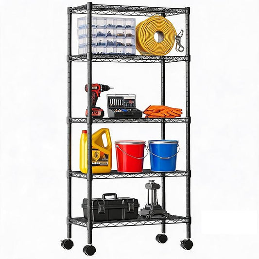 DUMOS 5-Tier Metal Wire Storage Shelves, Adjustable Standing Storage Rack Shelf with Wheels, Heavy Duty Steel Shelving Unit Organizers for Kitchen Bathroom Pantry Garage, 23.2"W×13.4"D×59.1"H, Black