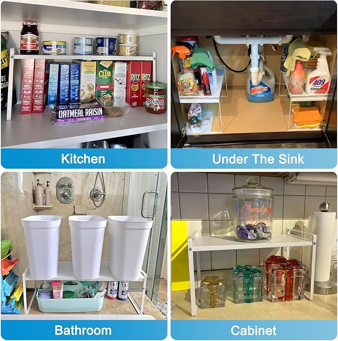 Expandable Cabinet Countertop Shelves, 11" Deep Cabinet Shelf Organizer Riser for Kitchen Pantry Cupboard Under Sink Countertop Organization Storage, Adjustable Metal Organizer Shelf with Nonslip Legs