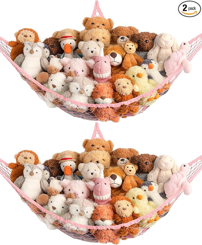 Stuffed Animal Storage Hammock Net Corner - Large Toy Hammock Net for Stuffed Animals Room Decor - Cute Stuff Animal Organizer Holder for Plush Plushie - Kids Baby Nursery Wall Bedroom Home Decor