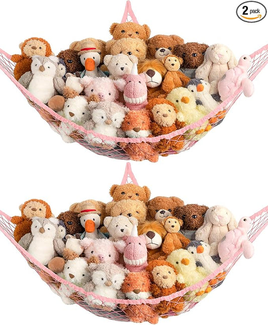 Stuffed Animal Storage Hammock Net Corner - Large Toy Hammock Net for Stuffed Animals Room Decor - Cute Stuff Animal Organizer Holder for Plush Plushie - Kids Baby Nursery Wall Bedroom Home Decor