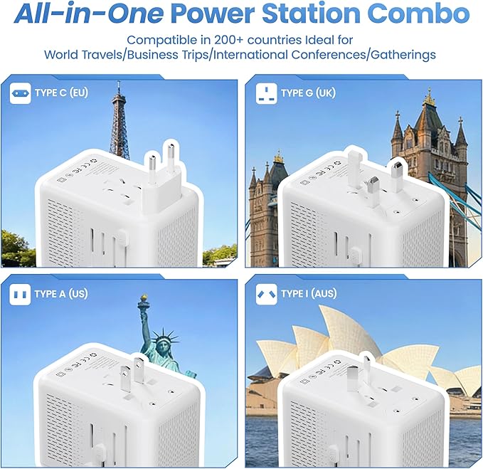 Converter for European Travel, Specially for Hair Dryers, 220v to 110v Voltage Converter with AC Socket, 2 USB C & 2 USB A Ports, Compact Voltage Converter US to Europe (White)