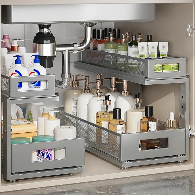 2 Pack 18.5IN-Depth Under Sink Organizer With Next-Gen Ball-Bearing Slides,2-Tier Pull Out Cabinet Storage,Height Adjustable Drawer Shelf for Bathroom,Kitchen,Laundry,Cabinet,Pantry-Gun Gray