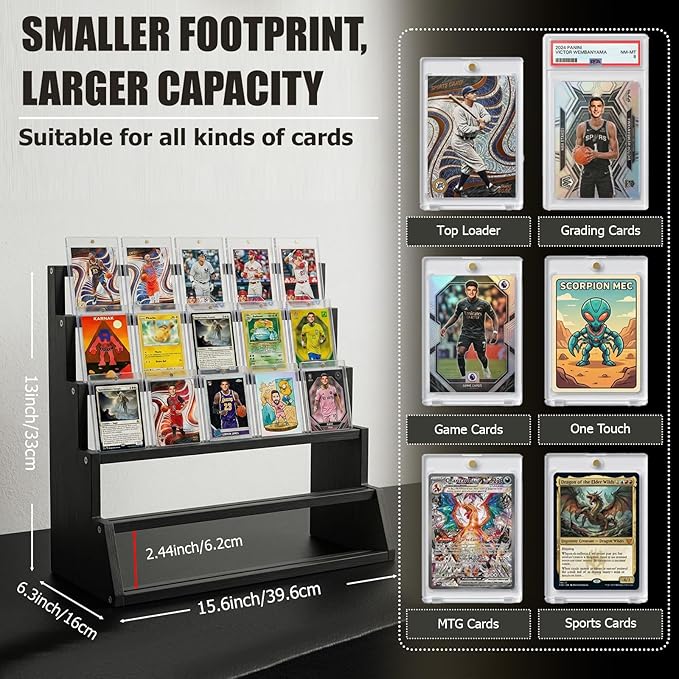 2 Pack 5 Tier Wooden Card Display Stand – Vertical Card Holder Display for Trading Cards, Game Cards, Sports Cards, Graded PSA/BGS/SGC, Baseball, Basketball&Football(Soccer) Card Stand, Desk & Shelf Organize,Black