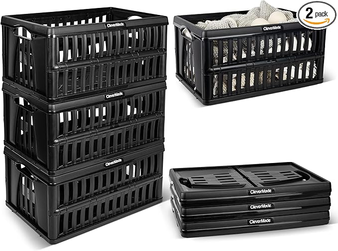 CleverMade 60L Collapsible Utility Crate (66 lb Capacity), Heavy Duty Folding Storage Crate, Stackable Plastic Organizer for Car Trunk, Garage & Groceries, 23 x 15 x 12 in, Obsidian