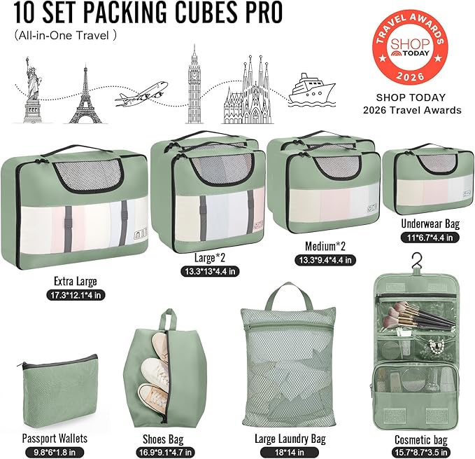 Veken 10 Set Packing Cubes for Travel Essential, Suitcase Organizer Bags in 4 Sizes, Carry-On Luggage Accessories with Large Laundry & Shoes Bag, Must-Have for Airplane, Road Trip & Camping