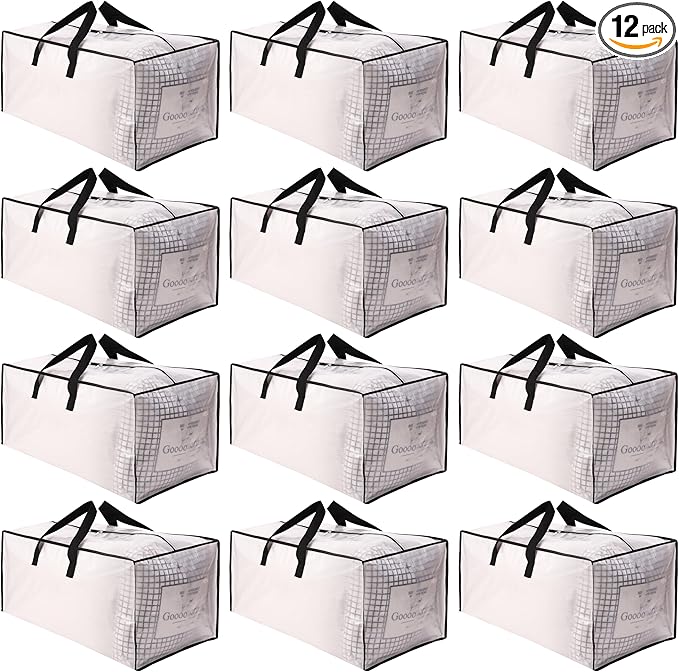 SWEET DOLPHIN 12 Pack Extra Large Moving Bags with Strong Zippers & Carrying Handles, Heavy Duty Storage Tote for Space Saving Moving Storage, Fold Flat, Alternative to Moving Box, Semi-Transparent