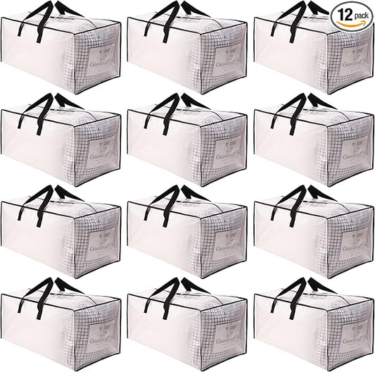 SWEET DOLPHIN 12 Pack Extra Large Moving Bags with Strong Zippers & Carrying Handles, Heavy Duty Storage Tote for Space Saving Moving Storage, Fold Flat, Alternative to Moving Box, Semi-Transparent