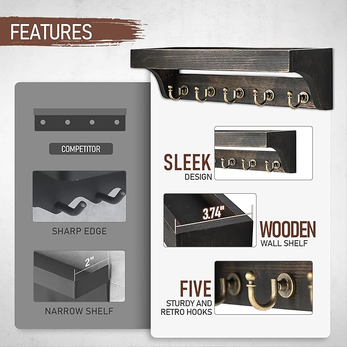 Rebee Vision Key Holder Wall Mount with Shelf – Rustic Key Holder for Wall with 5 Hooks for Keys & Leashes – Stylish Entryway Organizer for Home & Apartment (Distressed Black)