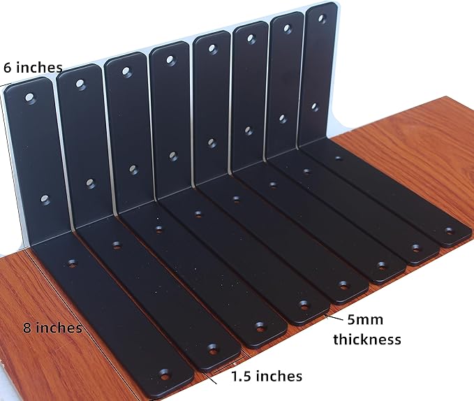 10 Pack - L 8" x H 6" x W1.5, 5mm Thick Black L Shelf Bracket, Iron Shelf Brackets, Metal Shelf Brackets, Floating Shelf, Shelf Supports with Screws