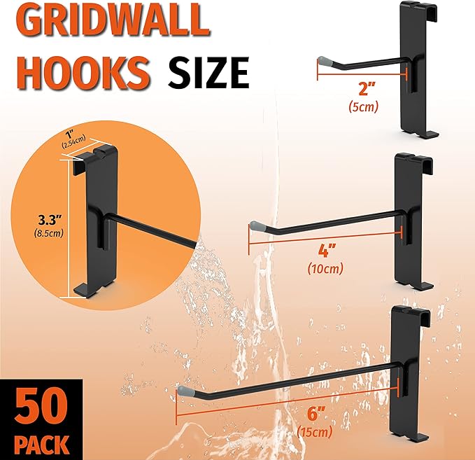 HUHOLE 50 Pack Gridwall Hooks 6 Inch – Black Metal Display Hangers for Wire Grid Panel – Heavy Duty Retail Store Fixtures, Garage Organizer, Craft Fair & Jewelry Rack (20lbs Capacity)