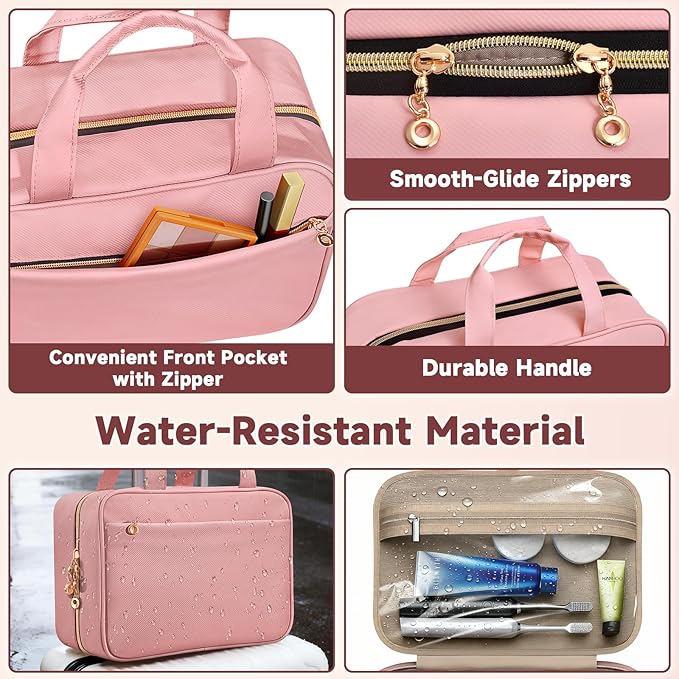 Travel Toiletry Bags, Portable Travel Bag with Hanging Hook for Women, Waterproof and Hanging Makeup Bag Travel Organizer Accessories for Travel Essentials (Pink, Large)