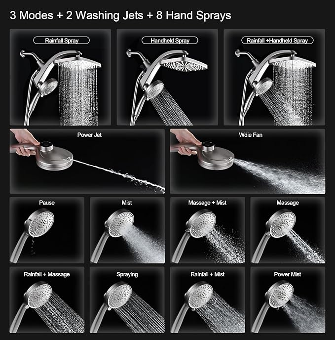 BOZYBO Rain Shower Head with Handheld: High Pressure Shower Heads with Handheld Spray Combo, 12" Rainfall Shower Head and 9 Sprays Hand Showerheads with Magnetic Docking and Power Jets, Nickel 2.5GPM