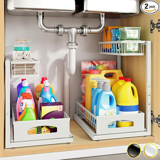 Under Sink Organizer, 2 Pack Height Adjustable Cabinet Organizer with Slide Out Drawer, Pull Out Under Sink Storage, Multi-Purpose 2 Tier Sink Shelves for Kitchen Bathroom Pantry (White, 2 Pack)