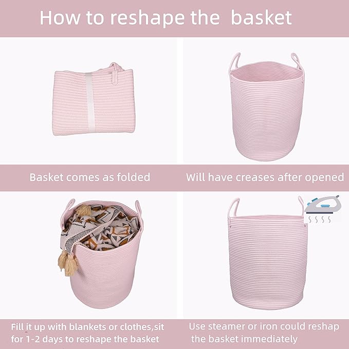 XUANGUO Cotton Rope Laundry Basket Hamper for Clothes Woven Storage Basket for Living Room Bedroom Boho Tall Rope Baskets for Blanket Toys Pillow Towels Baby Nursery Hamper Bin Large light pink