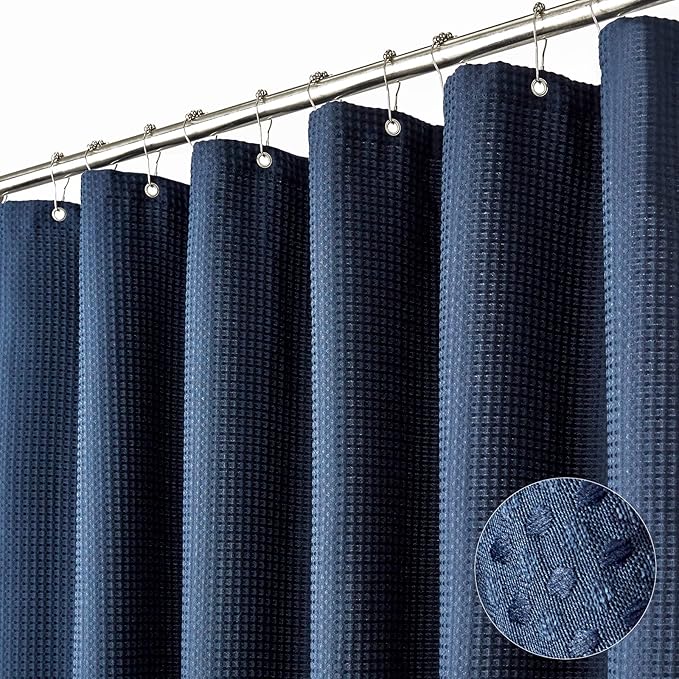 Dynamene Extra Wide Shower Curtain-108 Inch Wide Waffle Weave Weighted Thick Cloth Bathroom Shower Curtain, Neutral Heavy Duty Hotel Bath Curtain Set with 18 Plastic Hooks,108x72, Navy Blue