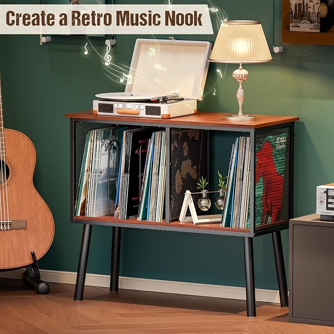 Record Player Stand with Adjustable Divider Vinyl Storage Holder Up to 200 Albums Mid-Century Large Record Player Table Vinyl Holder Turntable Stand End Table for Bedroom & Living Room, Patent Pending