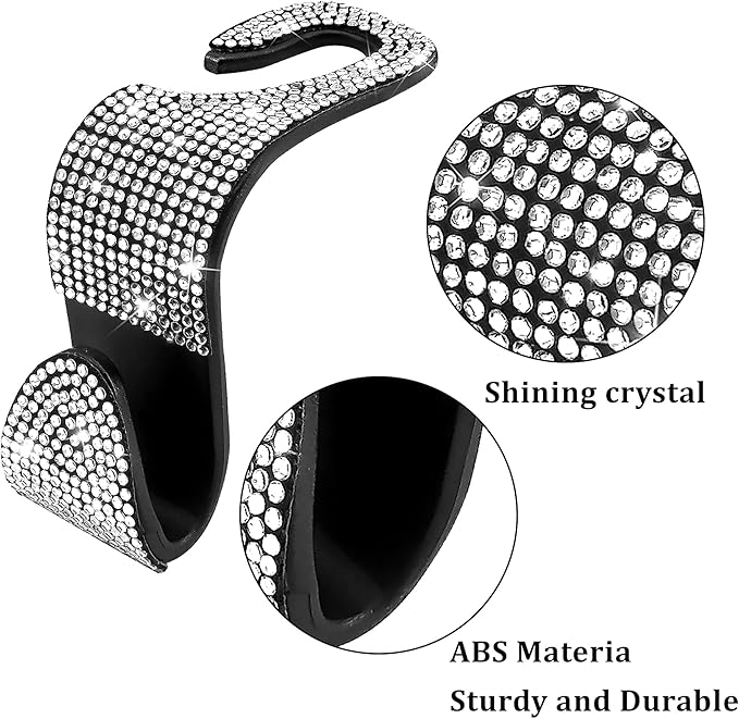 Dermasy 2 Pack Car Hooks, 2021 New Bling Rhinestones Crystal Hooks Car Decorations Auto Seat Back Organizers Strong and Durable Backseat Hanger Storage Universal for SUV Truck Vehicle (Silver)