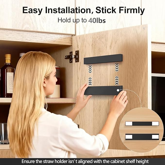 9.5” Large Acrylic Straw Holder for Cabinet Door, Reusable Adjustable Two-Part Straws Organizer with Ultra Sticky Adhesive Strips, 2026 Straw Storage for Kitchen Cupboard
