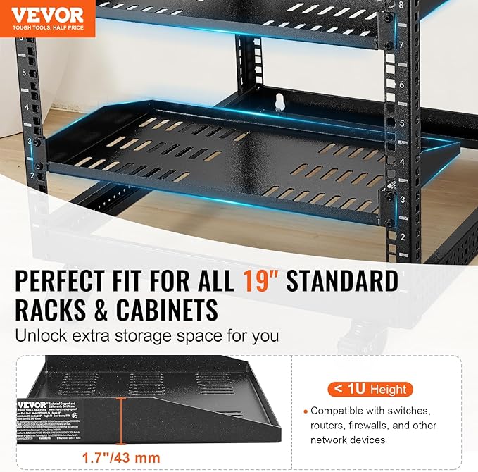 VEVOR 2PCS 1U Server Rack Shelf, Universal Vented Rack Mount Cantilever Tray for 19 inch Network Equipment Rack & Cabinet, 10" Deep Rack Mount Shelf, Weight Capacity 50 lbs Wall Mount Rack Shelf