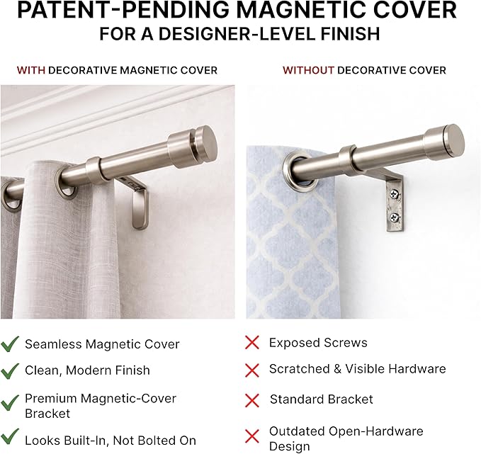 Adjustable Curtain Rod Brackets for Wall with Magnetic Cover, 5 inch Long Heavy Duty Curtain Rod Holders Extended Brackets, Window Hardware Holders Adjustable Mounting Support Brushed Nickel Set of 3