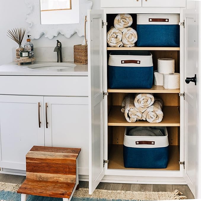 OrganiHaus Extra Large Fabric Storage Baskets for Shelves 3 Pack, 16x13in Closet Storage Bins, Canvas Baskets for Organizing, Linen Closet Organizers, Cloth Basket, Navy Blue/Off-White