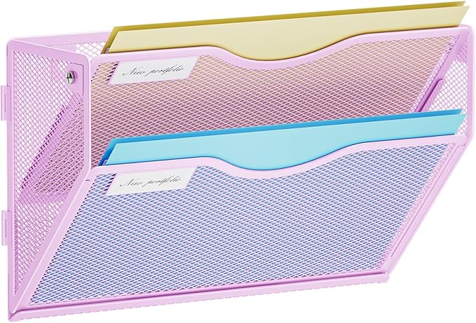 Marbrasse Wall File Holder 2-Tier Hanging Wall File Organizer, Mesh Mail Holder for Papers, Wall Mount File Clipboard & Magazine Organizer Great for Office Home (Purple)