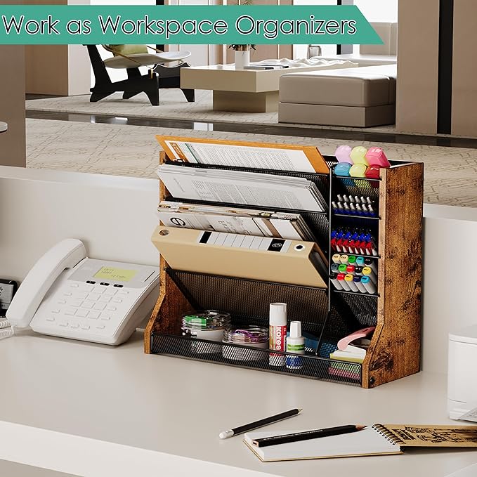 Jakyitvi Wall Desk File Organizer 5 Tiers, Ironwood Hanging File Organizer with R-shaped Tray, Wall File Holder for Office Home, 4 Pull-Out Divider and Pen Slots to Sort File,Mail,Newspaper,Pen, Brown