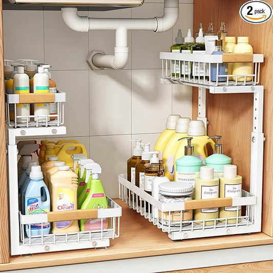 PXRACK Under Sink Organizer, Adjustable Height, 2-Pack 2 Tier Pull Out Under Cabinet Organizer, Slide Out Thickened Metal Under Sink Storage for Kitchen Bathroom Laundry Pantry Cabinet, S, White