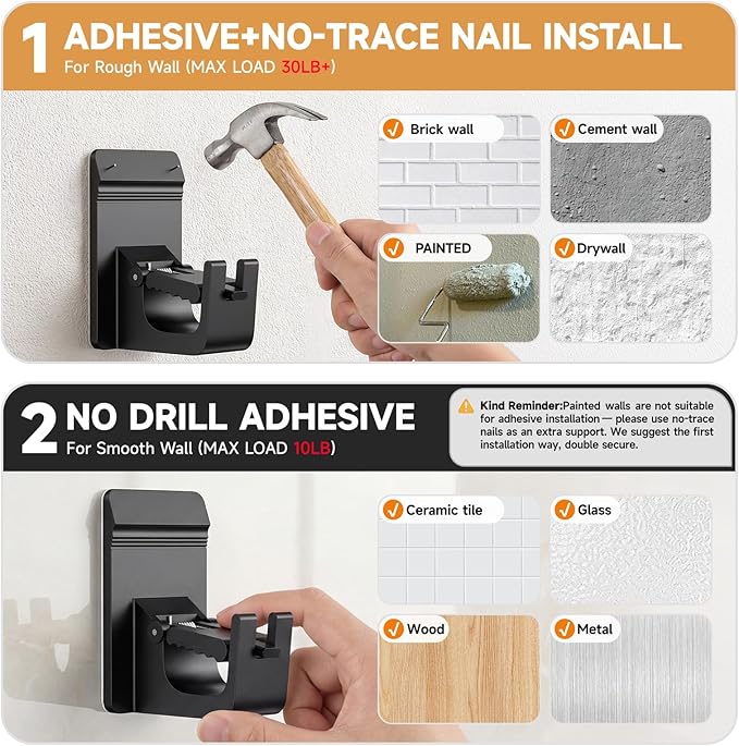 Universal Heavy Duty Curtain Rod Brackets, No Drill Curtain Rod Brackets with Adhesive & Invisible Nail, 30+LB Load Curtain Rod Holders, Damage Free Curtain Rod Hooks for Wall, Bathroom, Kitchen 8PC