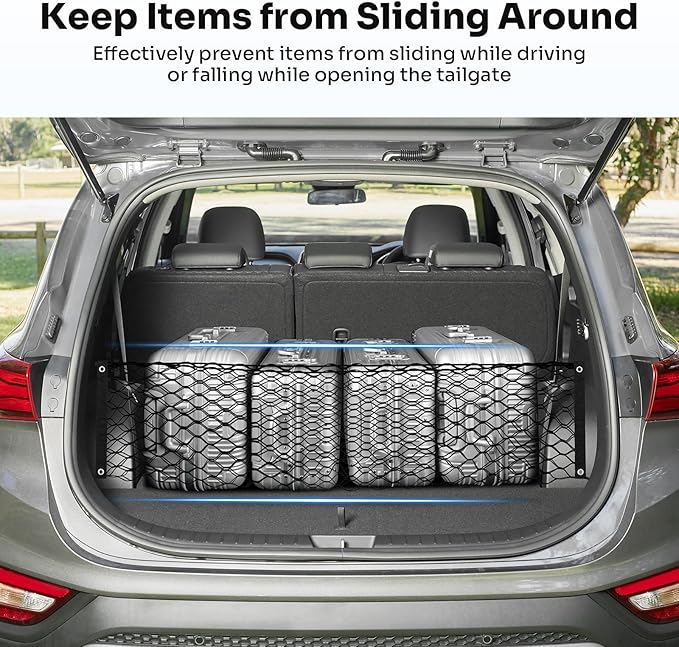 Canvcle Trunk Cargo Net for 2019-2025 2026 Hyun-dai Santa Fe Accessories Envelope Style Mesh Trunk Net Organizer and Storage Stretchable Adjustable Elastic Nylon Rear Cargo Netting with Hooks