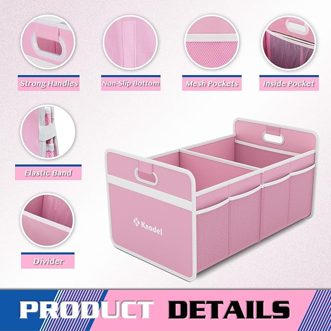 K KNODEL Car Trunk Organizer, Foldable Organizer for Car, Automotive Consoles & Organizers, Storage with Reinforced Handles (Small, Pink)