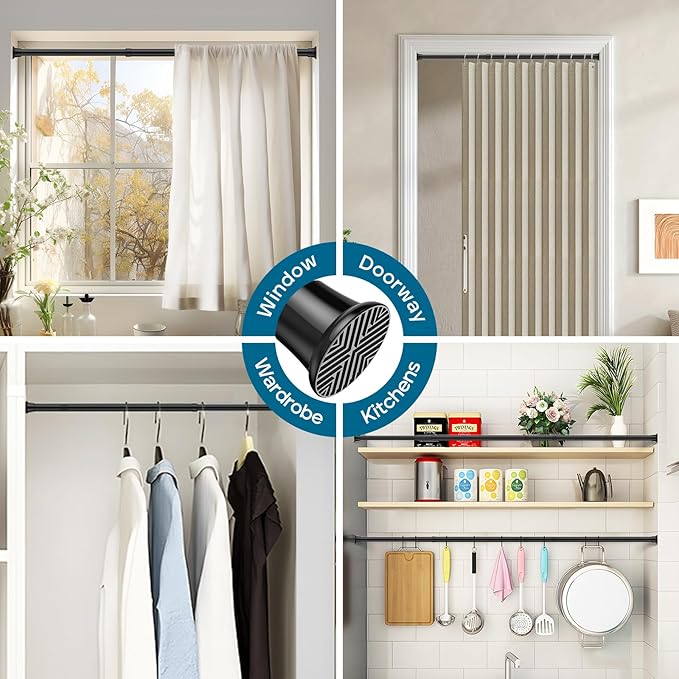 AIZESI 2Pcs Black Adjustable Tension Curtain Rod, 31-63 Inch Spring No Drill Stainless Steel Shower Rods for Bathroom，Closet ，Window–Rust Resistant，Non-Slip