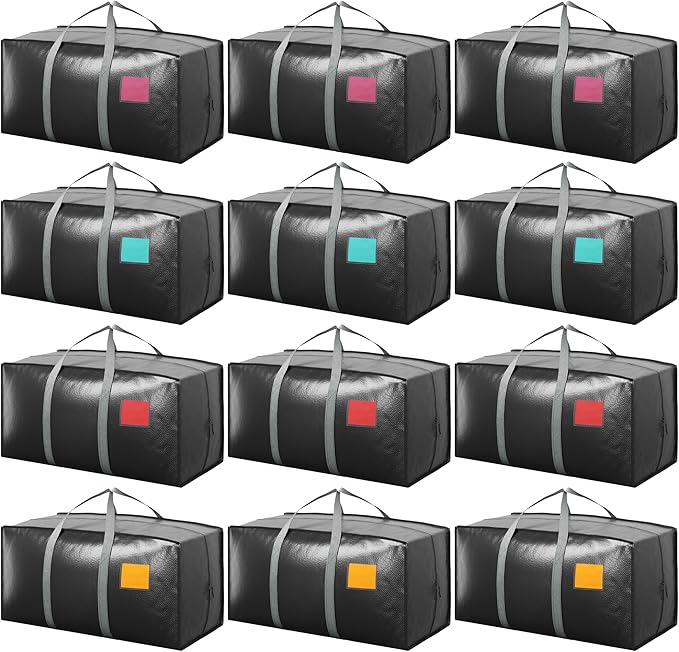 12 Pack Moving Bags with Full-Open Side Zipper, Extra Large 93L Heavy Duty Waterproof Foldable Storage Totes for College Dorm, Moving & Home Organization Gray