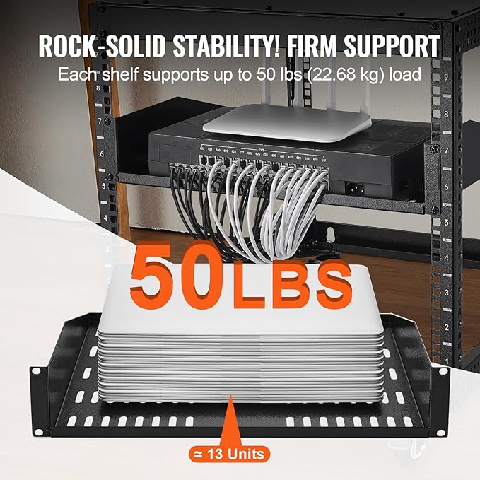 VEVOR 2U Server Rack Shelf - Universal Vented Cantilever Tray for 19 inch Network Equipment Rack & Cabinet, 16" Deep, 50 lbs Weight Capacity, Wall Mount