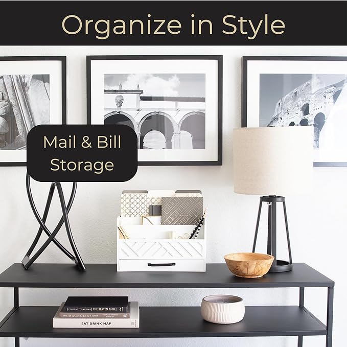 BLU MONACO | Wooden Mail Organizer with Drawer | Mail Organizer Countertop with 6 Compartments | Bill Holder for Desk | White Desktop Mail Sorter