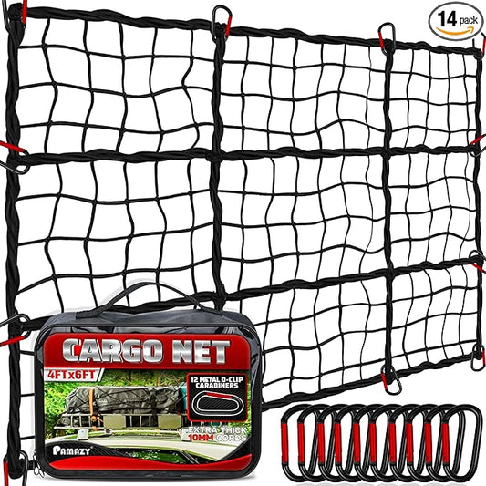[Premium] 4'x6' Heavy Duty Cargo Net Stretches to 8' x 12', Extra Thick 10mm Cord Bungee Cargo Netting for Pickup Truck Bed, Roof Rack Net & 12 PCS Steel Carabiners