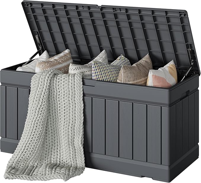 Devoko 78 Gallon Deck Box, Waterproof Resin Outdoor Storage Box for Outside and Patio, Outdoor Storage Bench Lockable for Patio Furniture, Garden Tools and Pool Supplies (Grey, 78 Gallon)