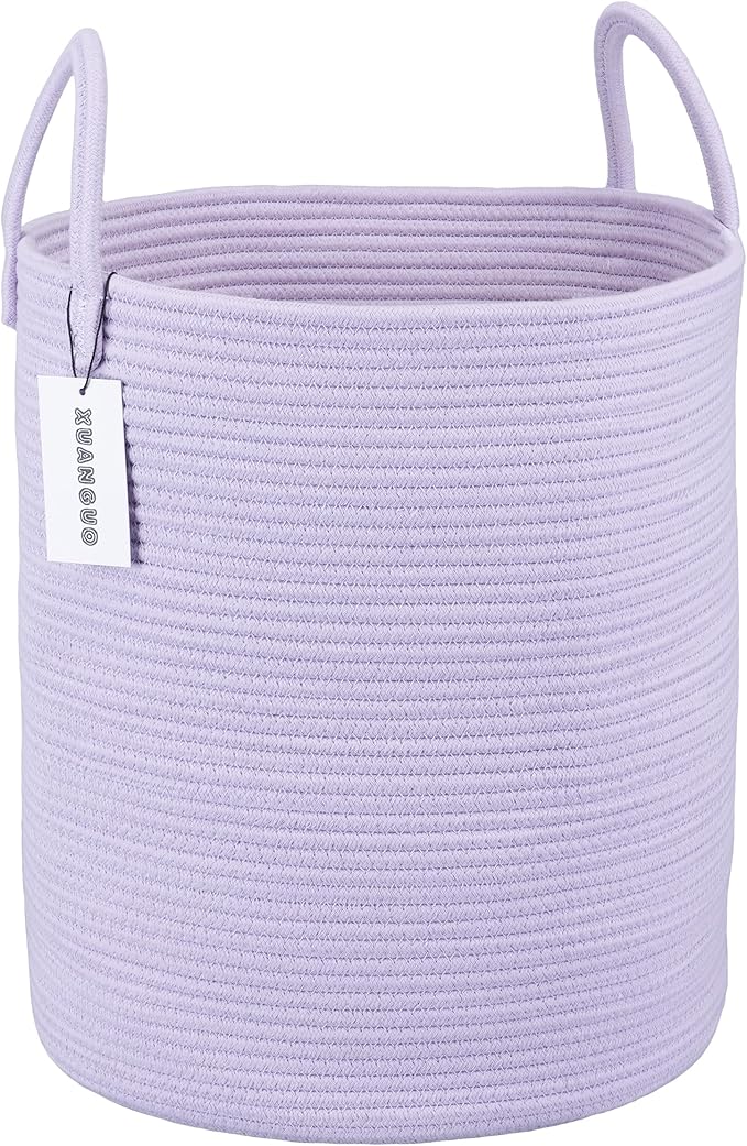 XUANGUO Rope Laundry Basket Hamper for Clothes Woven Storage Basket for Living Room Bedroom Boho Tall Rope Baskets for Blanket Toys Pillow Towels Baby Nursery Hamper Bin Large purple or lavender