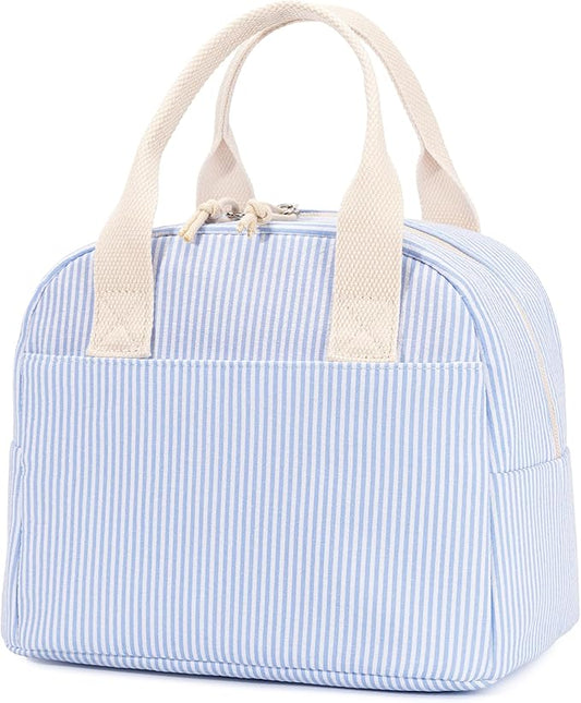 LOVELYWIND Insulated Lunch Bag for Women, Reusable Blue Striped Lunch Box Cooler Bag with Large Capacity, Durable Lunch Tote for Work