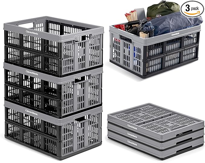 CleverMade Collapsible Utility Crates, Stone, 3-Pack, 45L/11 Gal, 66 lbs Capacity, Stackable, Space-Saving