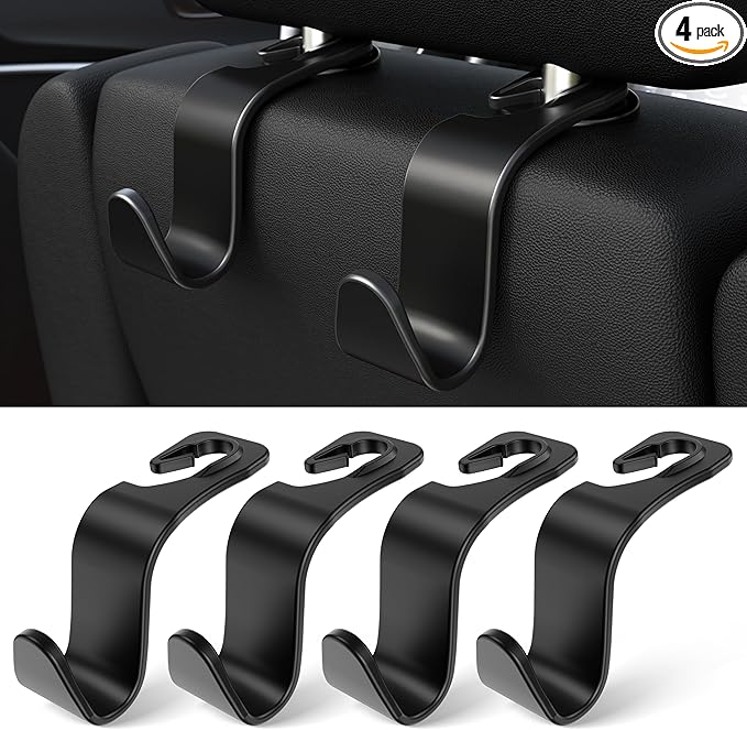 Amooca Car Seat Headrest Hook 4 Pack Hanger Storage Organizer Universal for Handbag Purse Coat Universal fit Vehicle Car Black with Buckle
