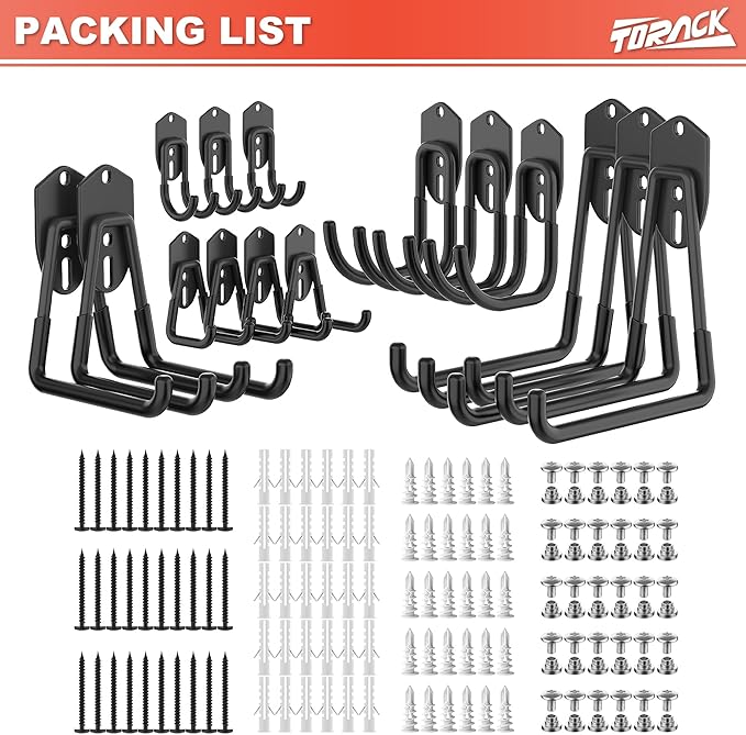 TORACK 15 PCS Garage Storage System Hooks, Shelving Hooks for Keyhole Shelving Units Wall Mount Utility Hooks for Tools, Ladders, Cords, Folding Chairs, Shovels and Rakes(Black)